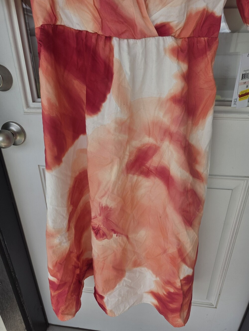 DKNY Petite Watercolor Floral Midi Dress Size 10P Pink Orange 100% Cotton Belted - Picture 5 of 10